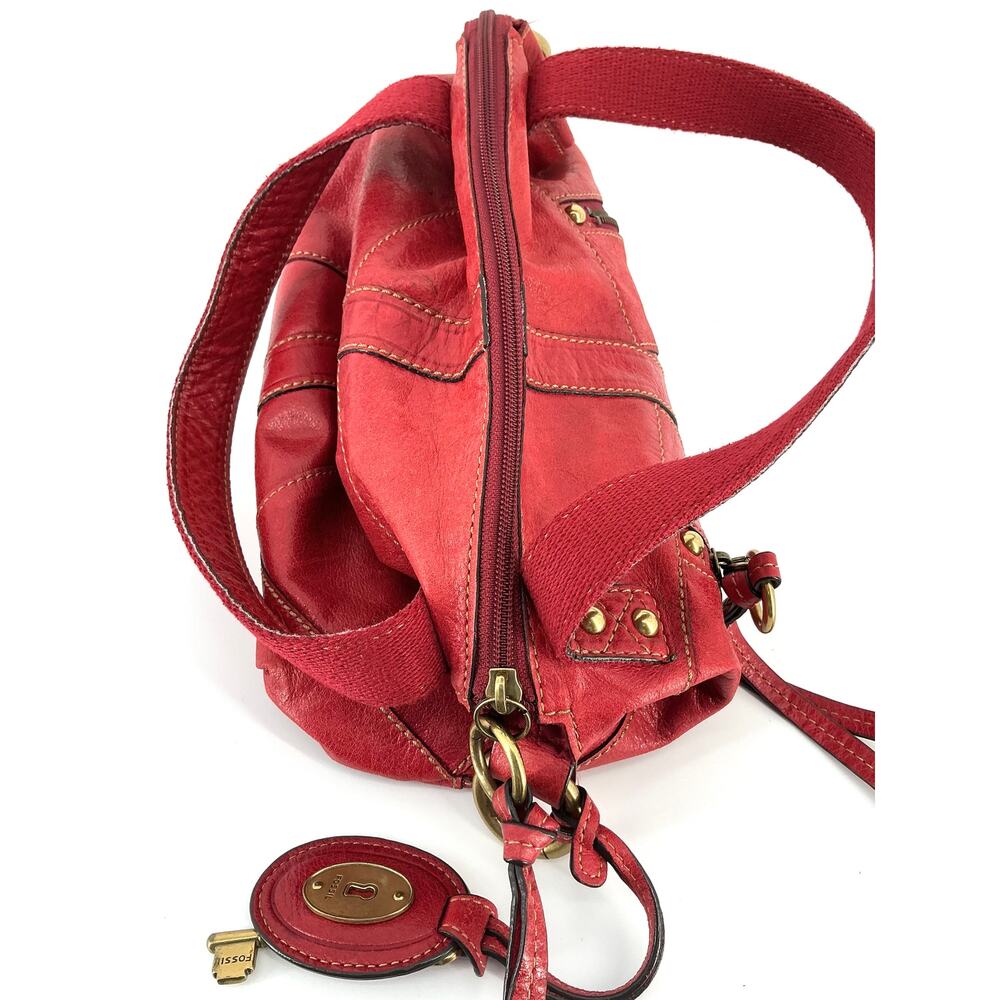 Fossil Y2K Red Leather Satchel Crossbody Bag Brass Hardware - Picture 8 of 15